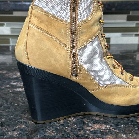 Timberland Womens Size 8 Wheat Tan Leather Lace Up Wedge Boots Tall 14.5” 23617M - Picture 8 of 16